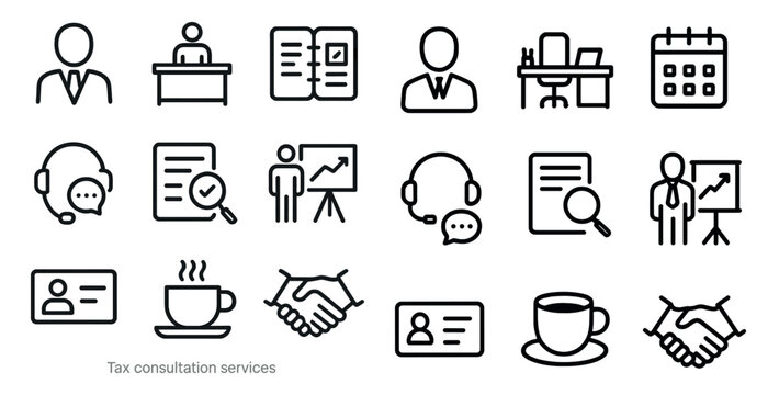 Business and tax consultation outline icons set – linear, office, finance tools
