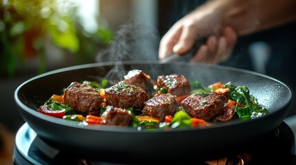 A close-up view of cooking beef stir-fry in a sizzling pan, surrounded by fresh colorful vegetables, highlighting the art of culinary techniques and vibrant flavors in the kitchen.