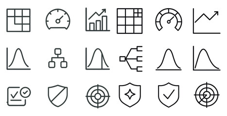 Business and analytics outline icons set – linear, data, success symbols