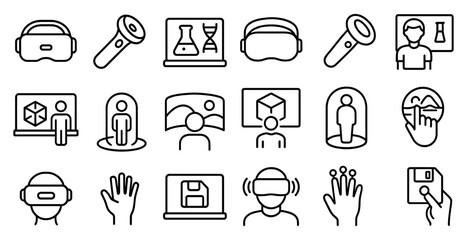 Vr and technology line icons set – outline, flat, virtual reality and digital innovation symbols
