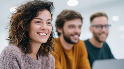 Obraz premium Three people are smiling and sitting together