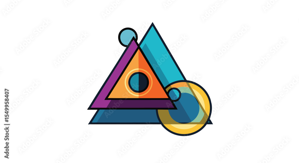 Poster abstract geometric composition featuring overlapping colorful triangles and circles in a dynamic mod