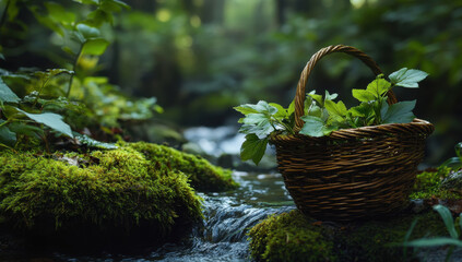 Nature's Embrace: Lush Forest Plants in a Rustic Basket