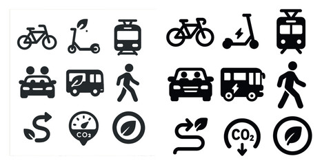 Eco transport icons set – silhouette, solid, sustainable travel and green commute