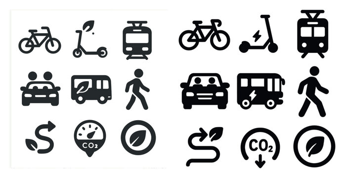 Eco transport icons set – silhouette, solid, sustainable travel and green commute