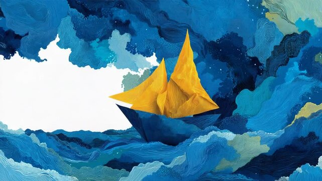 Golden Origami Boat Gliding Through Textured Blue Waves with White Sky Interludes
