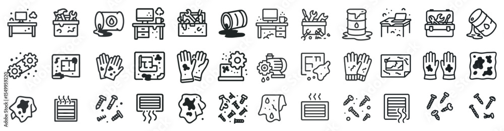 Poster office mess linear icons set – line, outline, clutter and chaos symbols