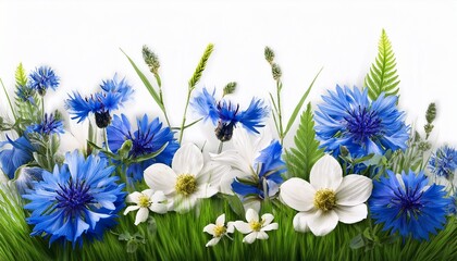 isolated of blue and white wild flowers in green grass