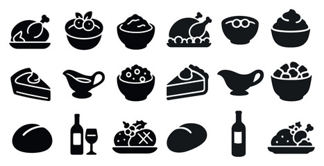 Thanksgiving dinner filled icons set – flat, meal, and holiday celebration symbols