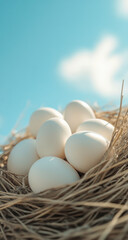 A Nest Full of Fresh Eggs Under a Clear Sky