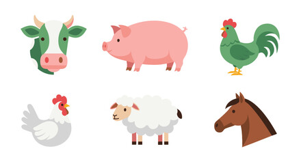 Obraz premium Cute Flat Design Farm Animal Characters Set Isolated On White Background Vector Illustration