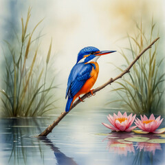 A charming watercolor of an Azure Kingfisher perched on a slender branch over a tranquil pond, its brilliant blue and orange feathers glowing against a soft-focus background of reeds and water lilies.