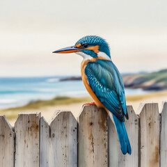 A serene watercolor of a Sacred Kingfisher perched on a weathered wooden fence, overlooking an open coastal landscape.