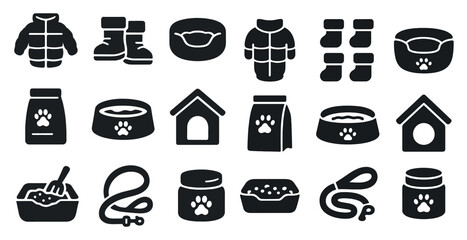 Pet care solid icons set &ndash; silhouette, filled, animal and grooming symbols