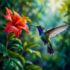 Watercolor A vivid illustration of a Magnificent Hummingbird hovering in front of a lush, tropical flower in a rainforest. Its brilliant green, purple, and blue feathers shimmer in the dappled sunligh