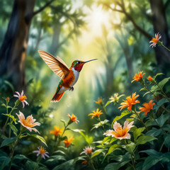 Watercolor A beautiful illustration of a Rufous Hummingbird flitting around flowers in a shaded forest glade. Its fiery orange feathers catch the light, contrasting with the lush greenery around it. 