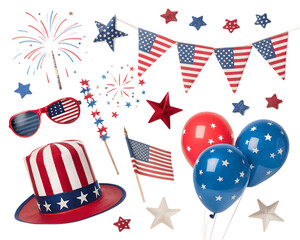 Star confetti, hats, glasses, flags, sparklers, balloons, isolated elements for design, independence of the United States.