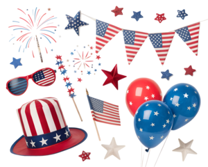 Star confetti, hats, glasses, flags, sparklers, balloons, isolated elements for design, independence of the United States.