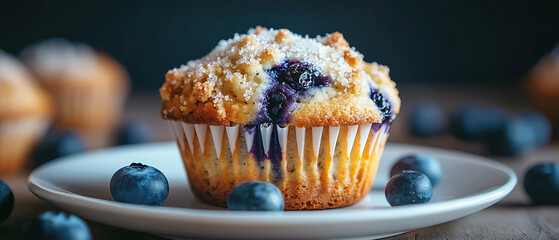 Freshly Baked Blueberry Muffin with Sugar Topping on a White Plate