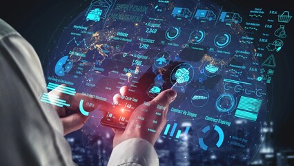 Supply chain management interface showing delivery routes, warehouse efficiency, cost savings,...