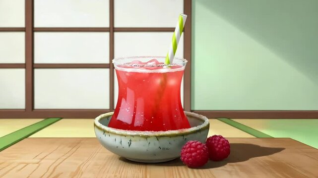 Refreshing raspberry drink in traditional Japanese setting  