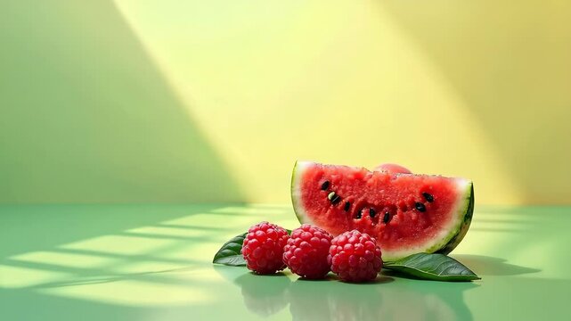Watermelon slice with raspberries on green backdrop in sunlight  