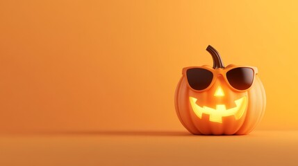 A glowing halloween pumpkin with sunglasses on an orange background embodies a cool spooky celebration. Fun jack o lantern. All Hallows Eve, Samhain - Spooky Holiday Season, Fall Festival