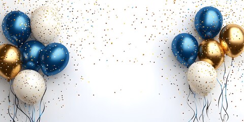Blue white and golden balloons with confetti falling in this picture.