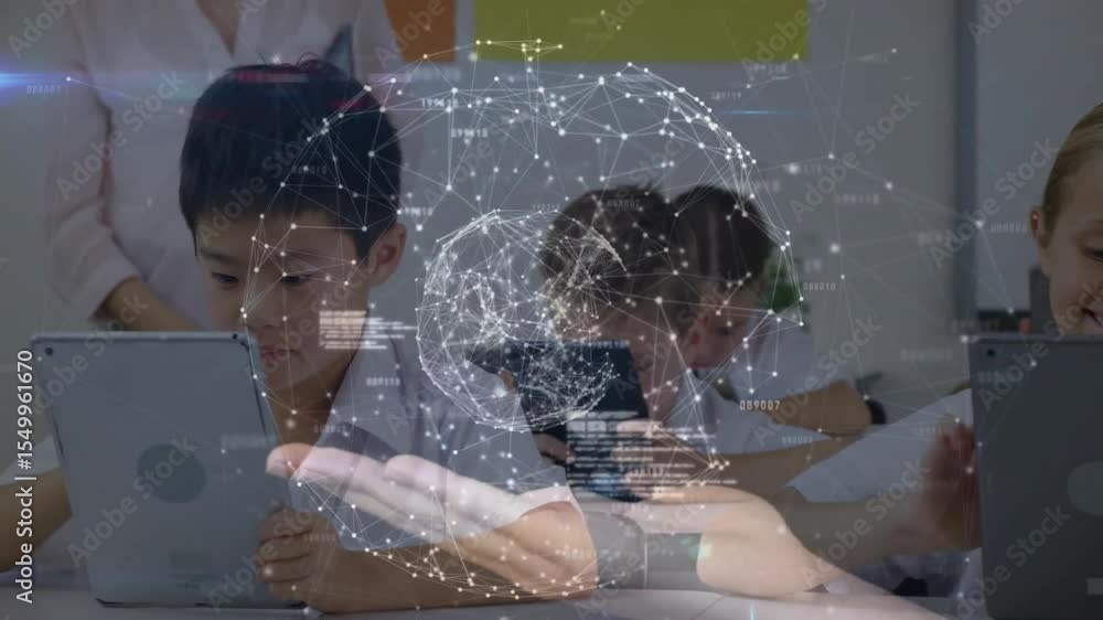 Poster teacher leaning over student tablet revealing holographic globe and scrolling code for tech class
