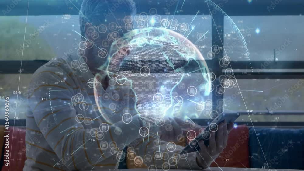 Poster mature male tapping tablet and projecting holographic globe with nodes for technology data display