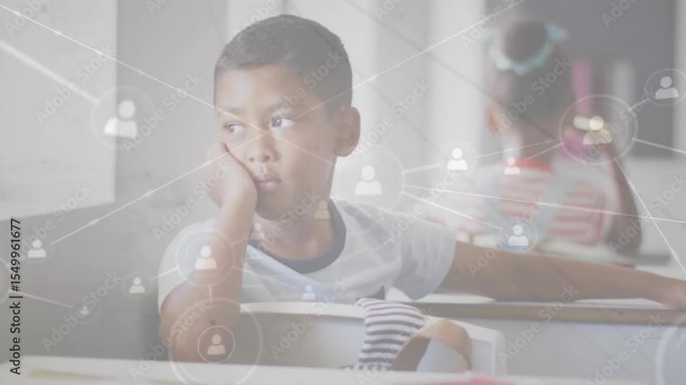 Aufkleber with time elapsing classmates resting at desks as network overlay building up across classroom