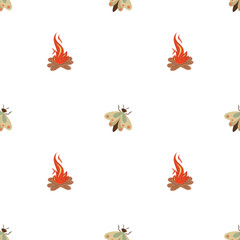 Camping bonfire and moth seamless pattern. Abstract and minimalist pattern. 