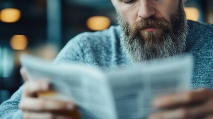 A bearded man intently reads a newspaper in a cozy café, surrounded by warm lighting, portraying a moment of thoughtfulness and engagement with the world around him.