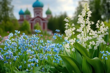 Lily of the valley and forget-me-nots growing in an English garden