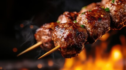 Behold the sizzle of tender meat skewers cooking over flames, showcasing a delicious barbecue preparation that evokes the warmth of gathering and sharing. Perfect for food lovers.