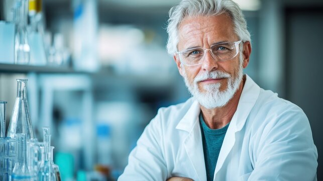 A portrait of a distinguished older scientist wearing glasses, showcasing a confident smile in a laboratory filled with scientific equipment on a workbench.