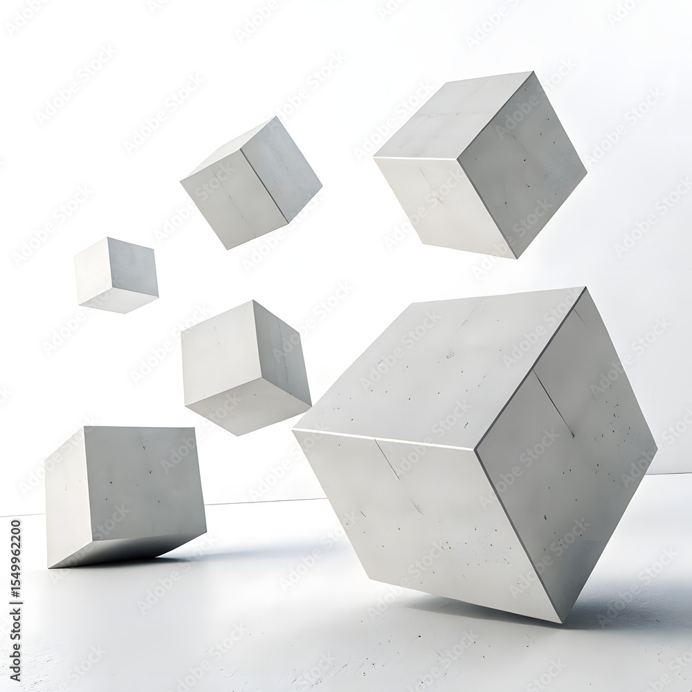 Poster abstract composition of floating concrete cubes in minimalist space