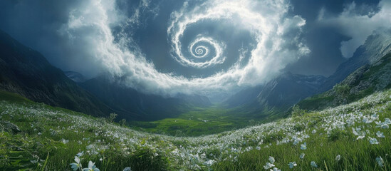 Serene Mountain Valley with Spiral Clouds