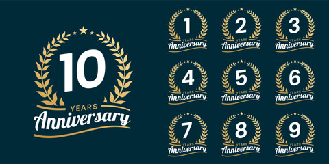 Set of vector icon or logo designs for 1st to 10th anniversary with laurel wreath, in gold color for celebrations, weddings and birthdays