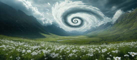Spiral Clouds Over a Majestic Valley