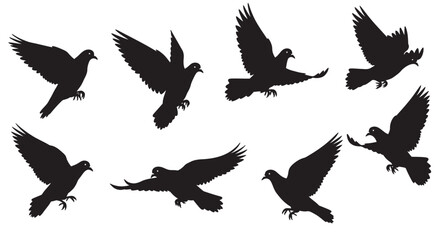 A vector set of flying bird silhouettes, including eagles, doves, and hawks, perfect for nature and wildlife designs