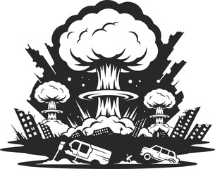 Icon of a nuclear explosion and destruction from it, three nuclear explosions, icon of nuclear war, silhouette of black color..