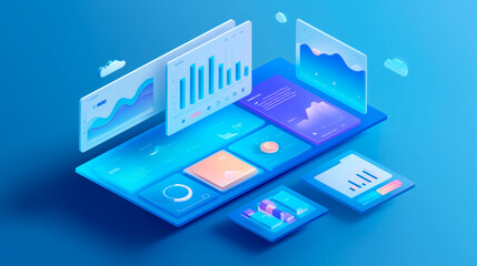 Clean isometric illustration of SaaS analytics dashboard. Graphs, charts and subscription plan UI in futuristic B2B style.