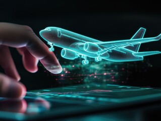 Hand interacting with a holographic airplane on a tablet
