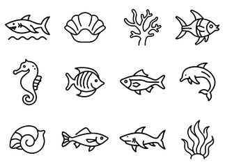 Ocean Outline Line Icons Set 2 – Clean Outline Icons for Marine Life, Oceanography & Coastal Exploration