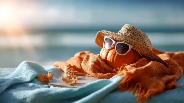 Pumpkin wearing a straw hat and white sunglasses on beach. Halloween holiday at seaside. Autumn vacation concept. All Hallows Eve, Samhain - Spooky Holiday Season, Fall Festival