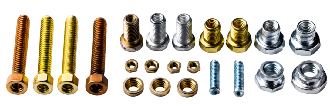 various metal bolts and nuts isolated on a transparent background arranged in three different groupings showcasing different sizes and styles of fasteners