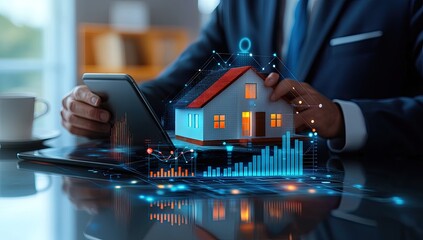 Businessman holding a miniature house with digital data overlay