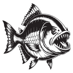 Aggressive Piranha Fish Illustration – Black and White Vector Art