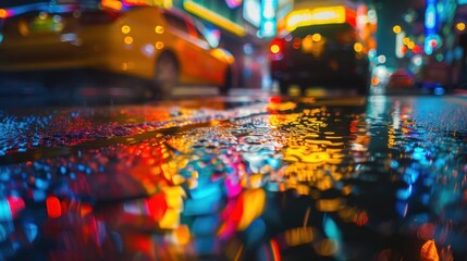 Rain-soaked city street glowing with colorful neon reflections at night. AI-generated.